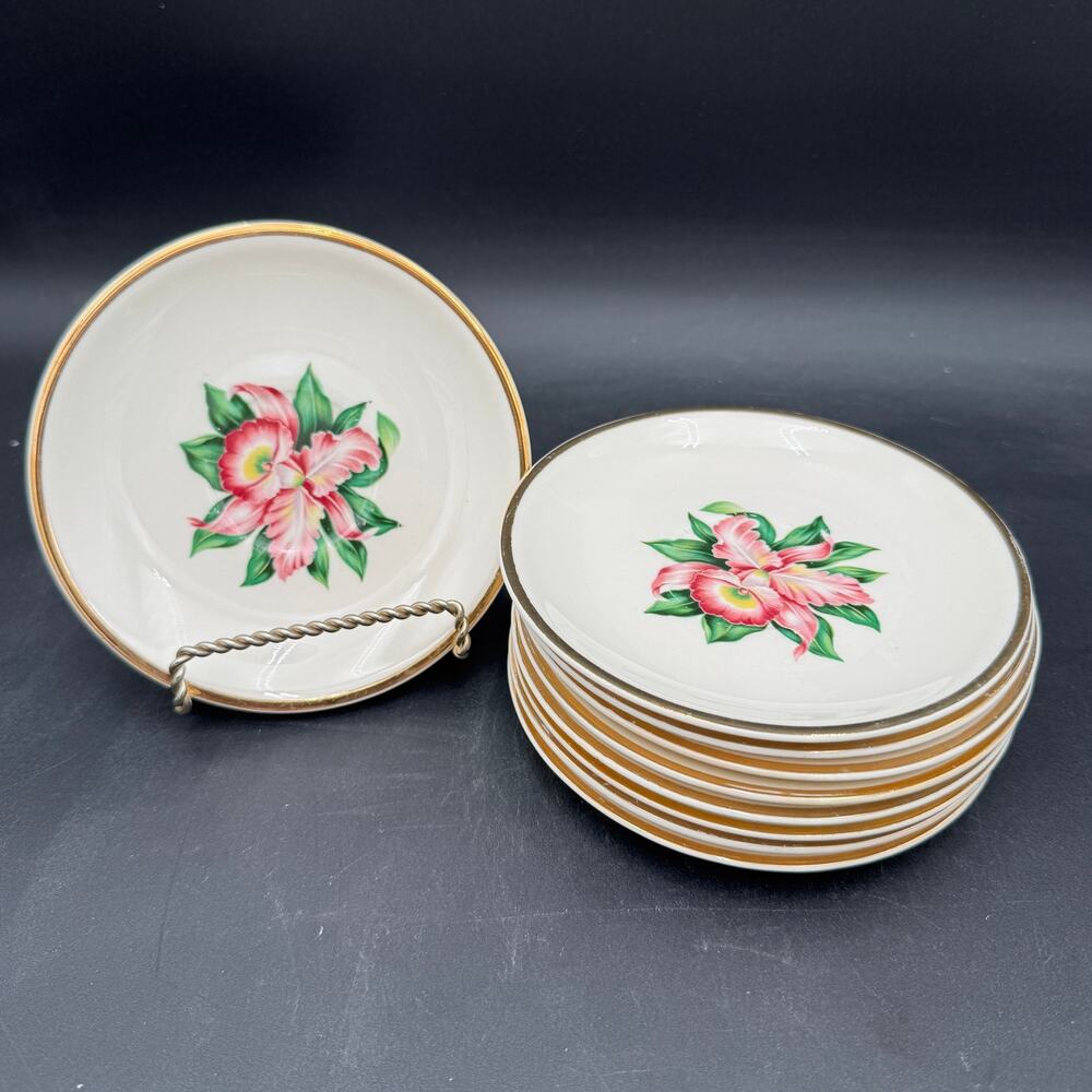 Vintage Saucers (9) in Modern Orchid by Paden City Pottery 22K Gold Rim